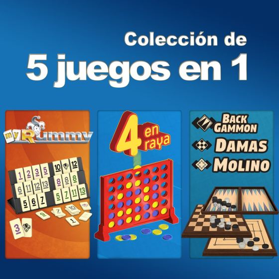 Colección de 5 juegos en 1: MyRummy® + 4 en raya + Backgammon + Damas + Molino
